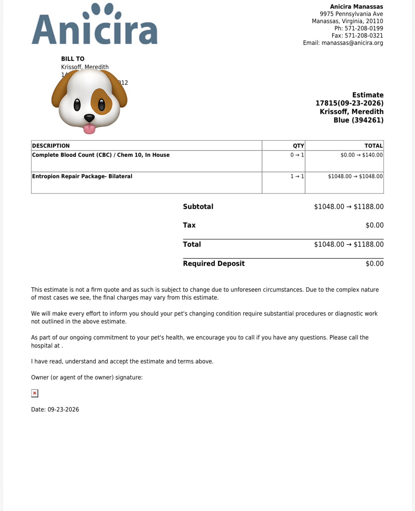 Anicira estimate of up to $1,188 for Blue’s eye surgery and bloodwork