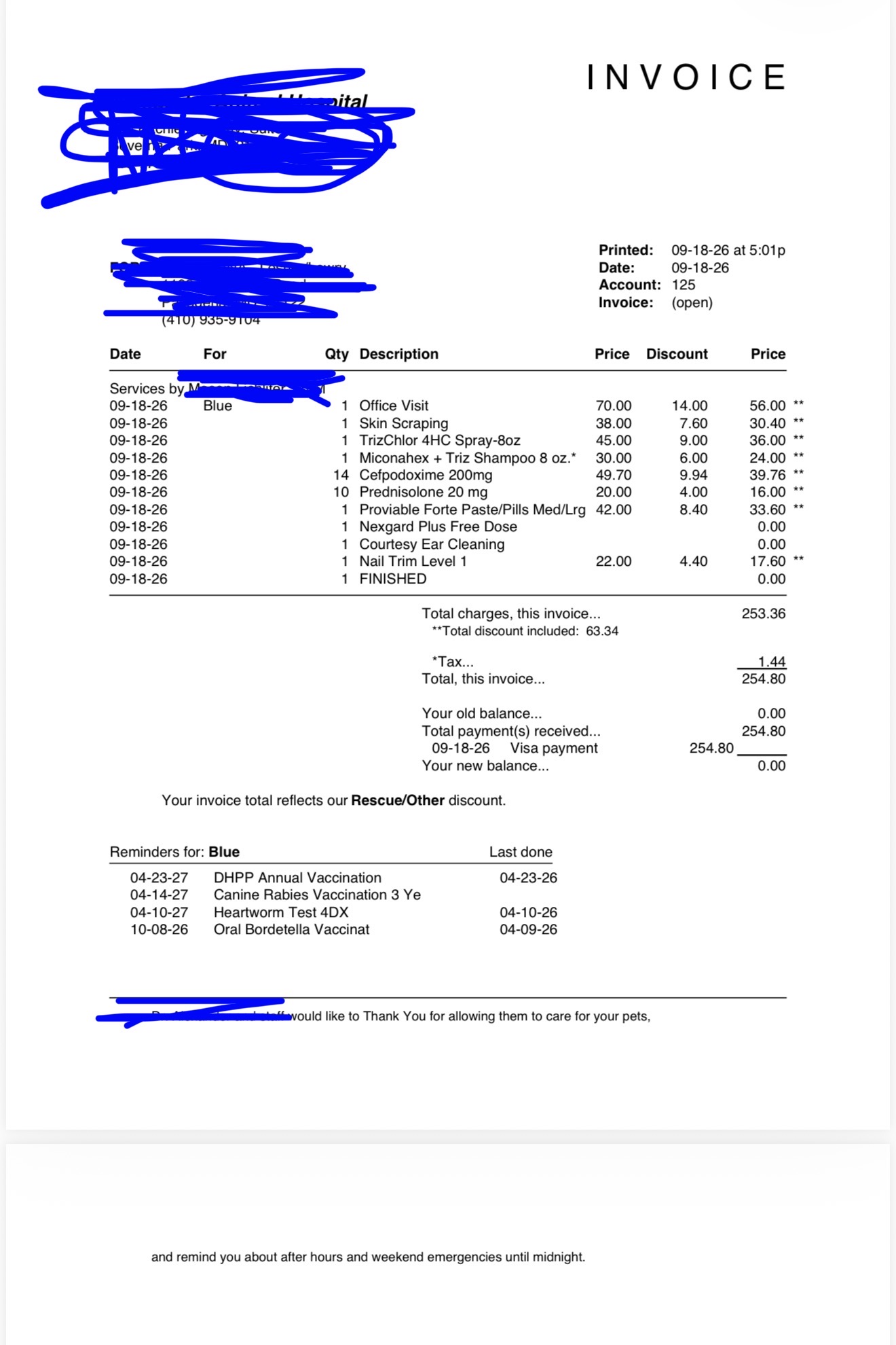 Blue’s September 18 veterinary invoice showing a $254.80 payment